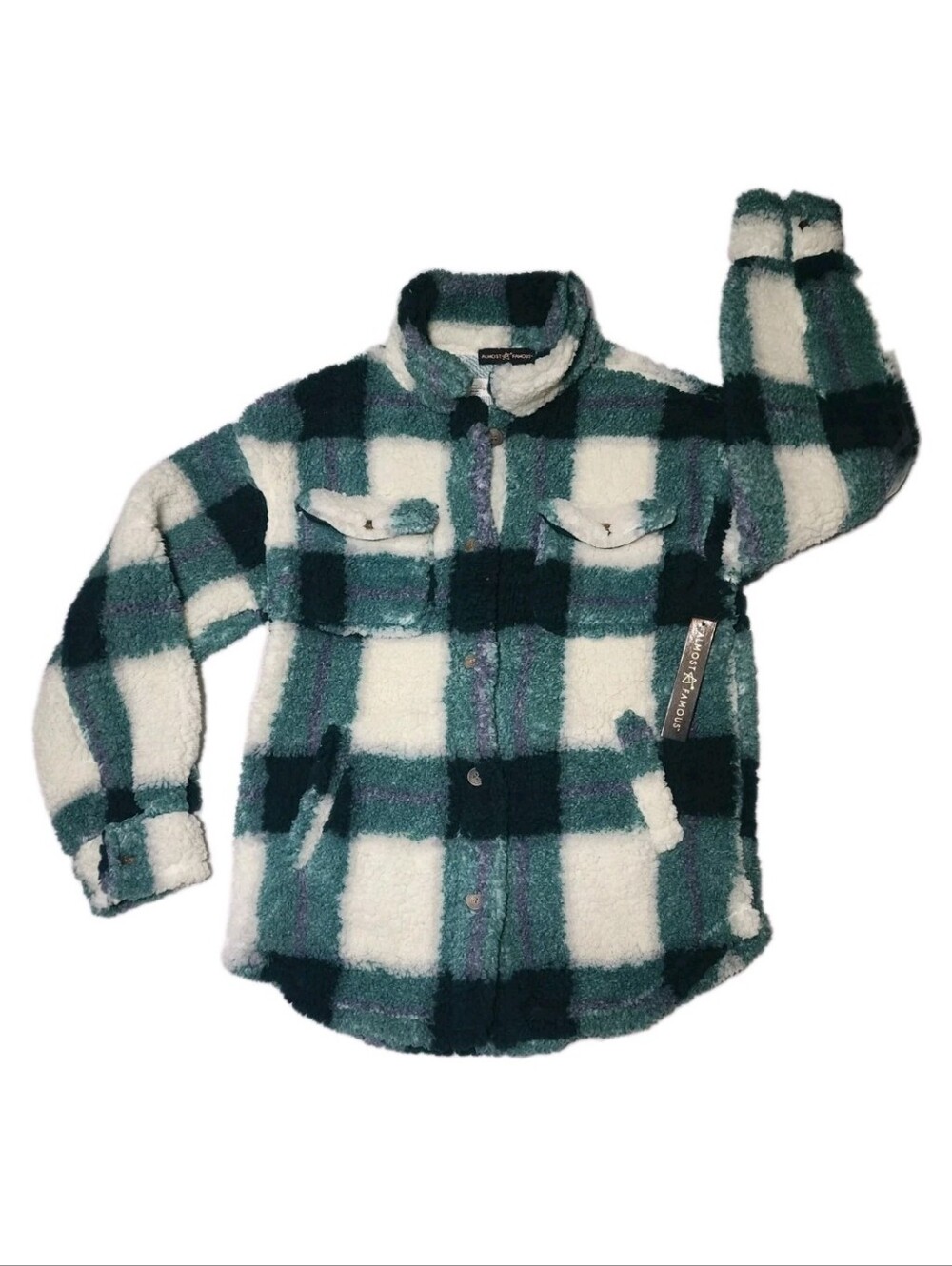 NWT Sherpa Fleece Shirt Jacket Shacket Women's Large Teal Green Hunter New